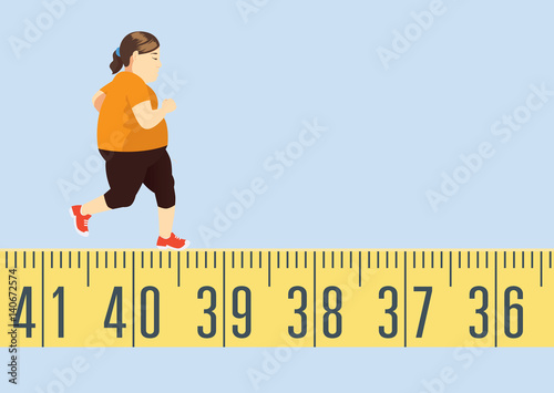 Fat woman jogging on tape measure for lose weight. This is exercise concept.