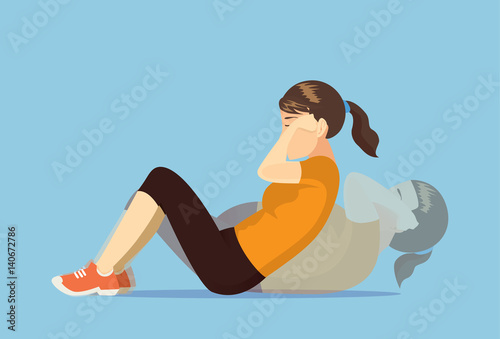 Sport woman who was fat doing sit up. Illustration about lose weight.