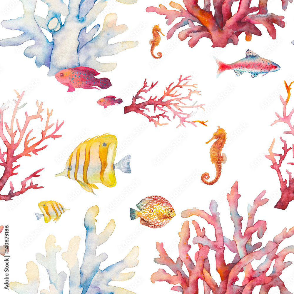 Watercolor coral reef seamless pattern. Hand drawn realistic