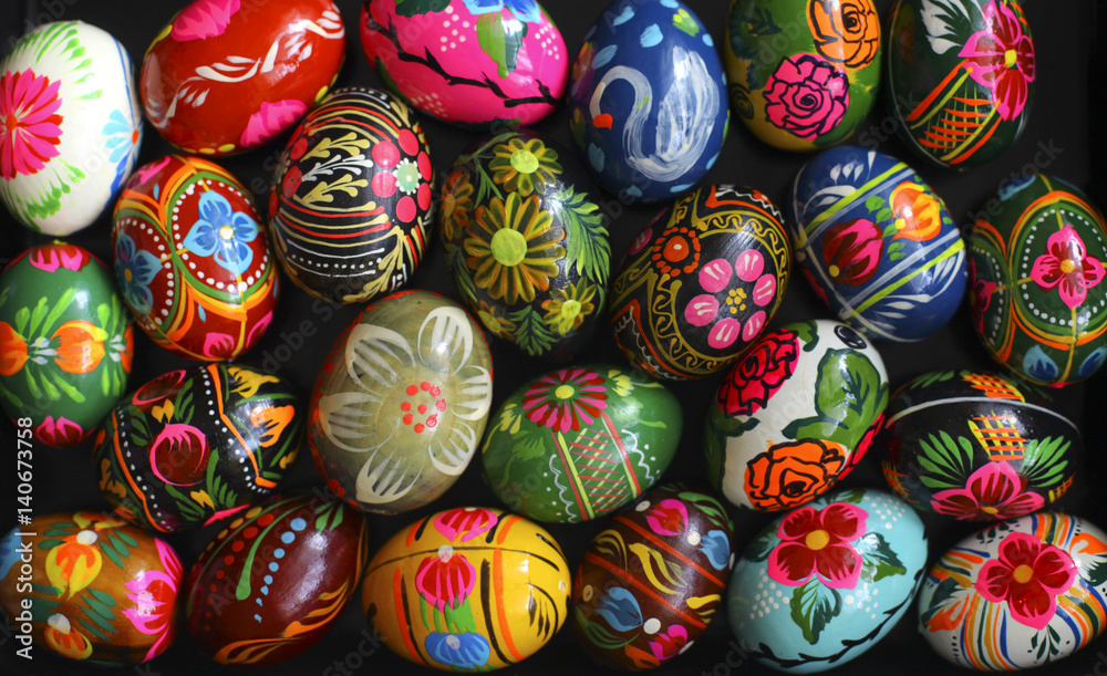 Many Easter eggs, different colors, with different patterns. view from above Many Easter eggs, different colors, with different patterns. view from above