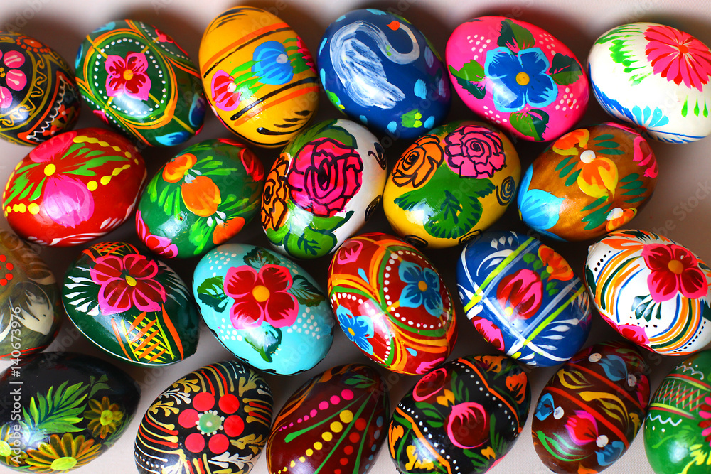 Many Easter eggs, different colors, with different patterns. view from above
