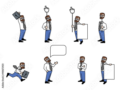 Vector illustration in a flat style of business men and situations with cursor or bag.
