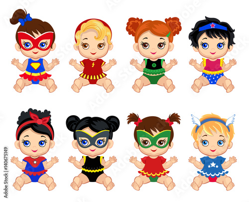 Illustration  group of cute babies  girls  in costumes of superheroes.