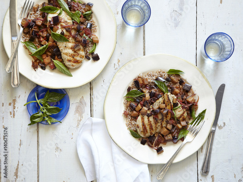 Grilled chicken paillard with caponata for two. photo