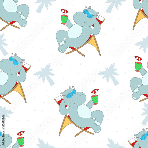 Cute seamless pattern with hippo in the Seashore, vector illustration. Printable template.
