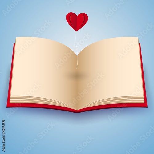 Valentines day , Illustration of love , Open book with paper heart balloon flying
