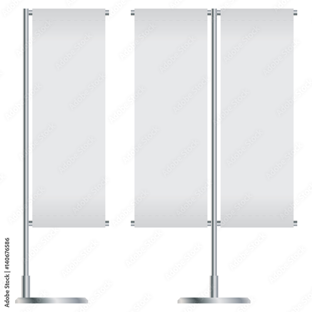White Outdoor Flag With Stander Advertising Banner Shield isolated on white background. White Outdoor Flag With Stander Advertising Banner Shield isolated on white background.