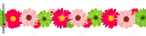 Vector horizontal seamless background with pink and green gerbera flowers.