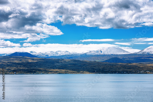 Sevan lake and white clouds blue sky on a sunny day, Armenia