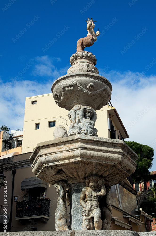 TAORMINA, ITALY- January 04, 2017: Amazing fountain “Centaur” close up photo. Sicily. Italy
