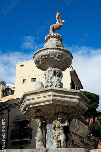 TAORMINA, ITALY- January 04, 2017: Amazing fountain “Centaur” close up photo. Sicily. Italy