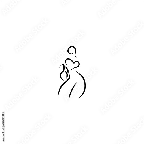 woman with cat vector line illustration