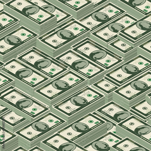 Isometric seamless pattern of dollars in bundles.