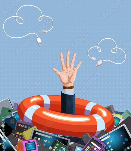 Help concept. Man is drowning in huge amount of various gadgets
