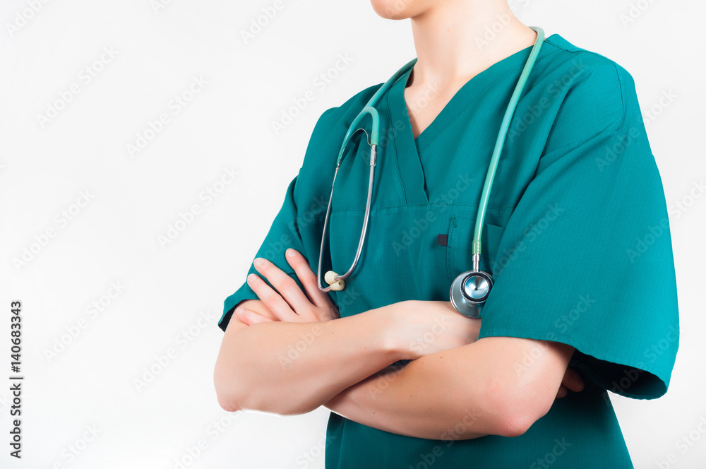 Young attractive doctor, surgeon, nurse with stethoscope Young attractive doctor, surgeon, nurse with stethoscope