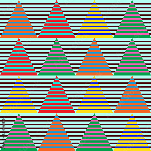 Vivid phychedelic striped triangles. Seamless vector pattern