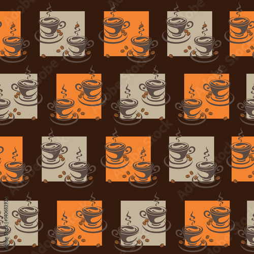 Cup of coffee in the square. Seamless pattern. Design for textiles, wall hangings, wrapping paper.