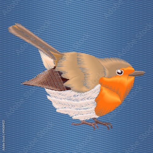 Embroidery robin bird on blue denim background. Vector illustrations modern design