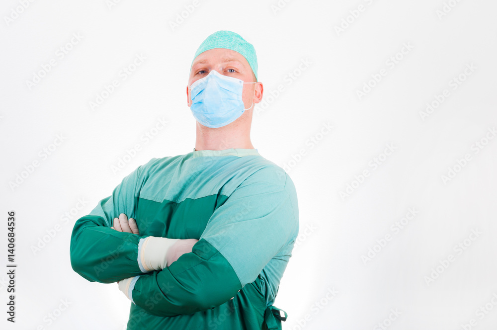 Portrait of a proud surgeon with mask on white background Portrait of a proud surgeon with mask on white background