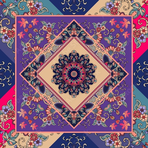 Hispanic shawl. Unique ornamental pattern in ethnic style with flower mandala and unusual frame. Diagonal composition. Wedding invitation.