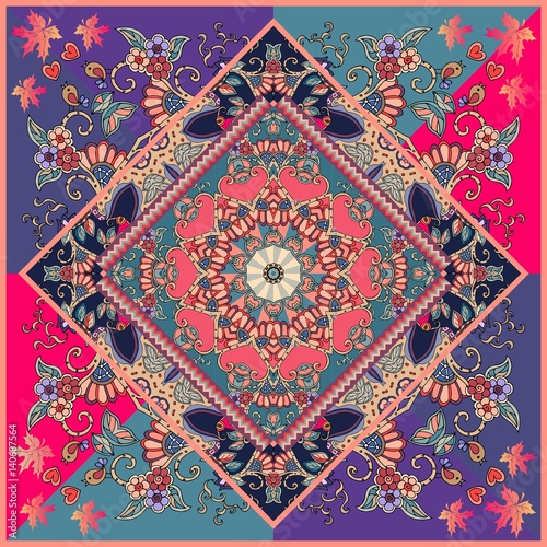 Manton or unique carpet with red flower mandala, birds, autumn maple leaves and hearts. Multicolor vector illustration. Wedding invitation, bandana print, ethnic pillowcase. Festive tablecloth.
