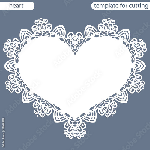 Greeting card with openwork border, paper doily under the cake, template for cutting in the form of heart, valentine card, wedding invitation, decorative plate is laser cut, vector illustrations.
