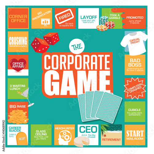 Playing the corporate game. With humorous stops and obstacles along the way, from starting in the mailroom to CEO and retirement. Flat design. EPS 10 vector. photo