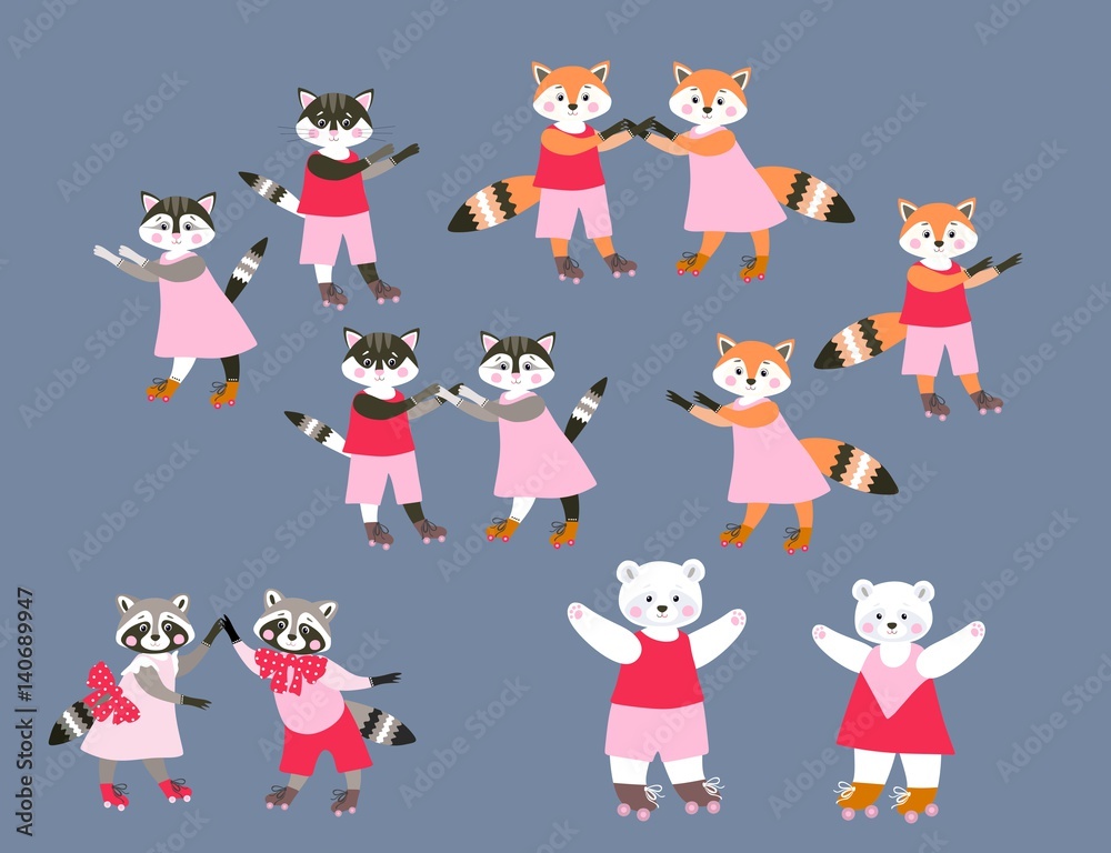 Collection of cute cartoon woodland and pet animals on roller skates. Vector illustration for children. Dancing funny raccoons, cats, foxes and polar bears.
