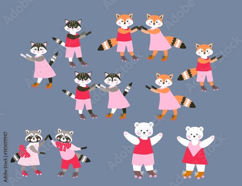Collection of cute cartoon woodland and pet animals on roller skates. Vector illustration for children. Dancing funny raccoons, cats, foxes and polar bears.