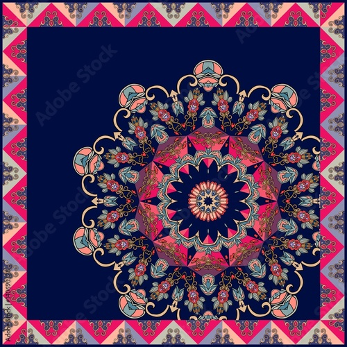 Unique pillowcase with beautiful mandala. Vector illustration. Diagonal composition.