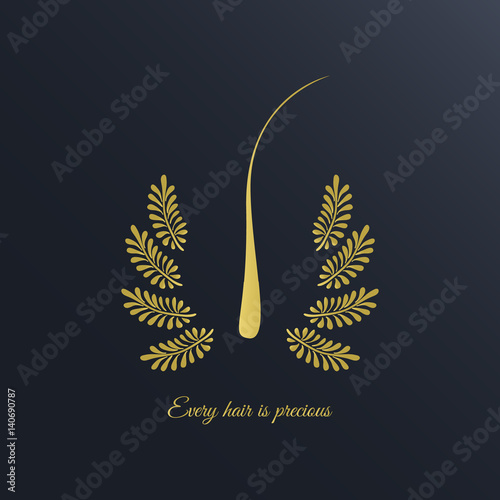 Gold hair follicle with glowing laurel leaves and quote-every hair is precious. Medical health care symbol on black background. Perfect for transplant and diagnostic clinics. Vector illustration