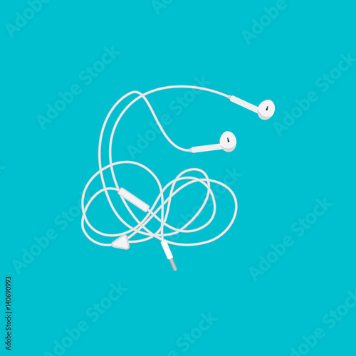 Modern headphones isolated on blue background. White music earphones with connector and switch controller. Earbuds accessory top view. Vector illustration.