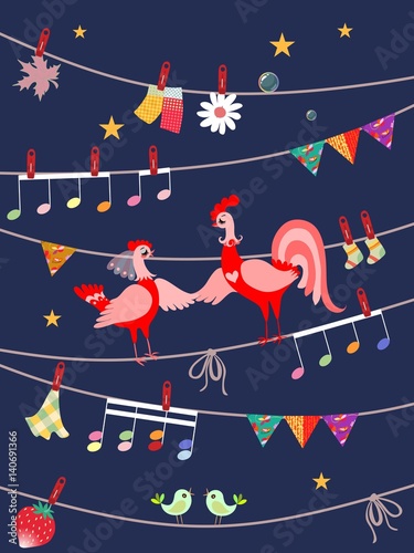 Greeting card, poster or wedding invitation with cute funny cock and  hen  standing on a rope. Garland, musical notes, flower, strawberry and maple leaves. Design elements.