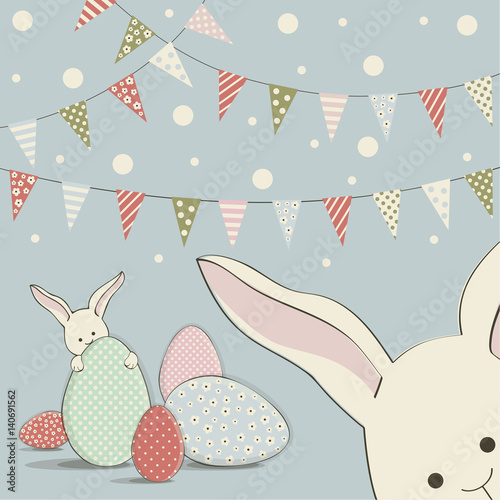 Cover for greeting cards to day happy Easter.Shown Easter eggs in different colors and with different ornaments,two Easter Bunny,garland and colored flags.The phrase happy Easter on a blue background.