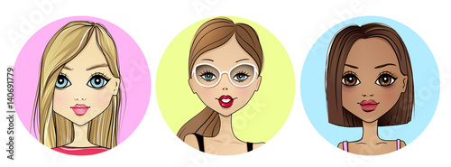 Super set with Cute vector girl avatar icon. Beauty portrait collection. Fashion illustration with young women. Stylish ladies. Trendy colors. Beautiful faces. Cartoon girls.
