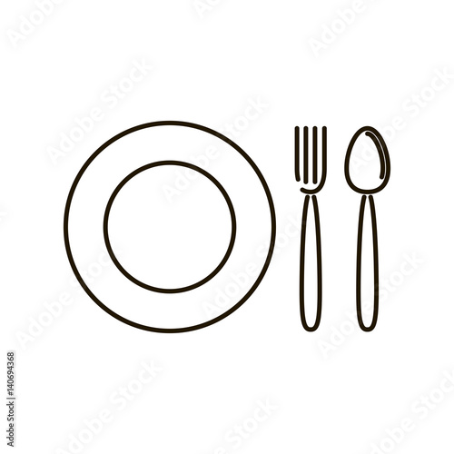 Simple isolated icon of plate, fork and spoon. Simple stylish picture of kitchen utensils