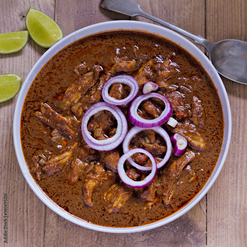 Mexican chicken mole with red onion photo