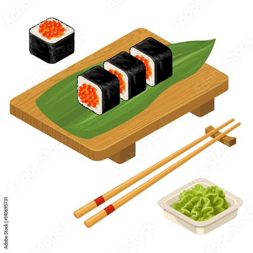 Sushi roll with caviar, chopsticks, wasabi in bowl, wood board.