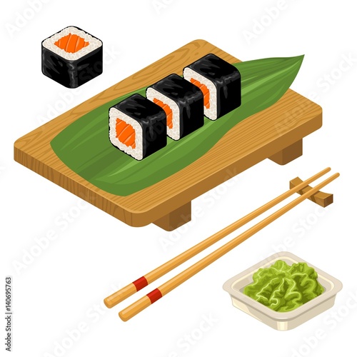 Sushi roll with fish, chopsticks, wasabi in bowl, wood board.
