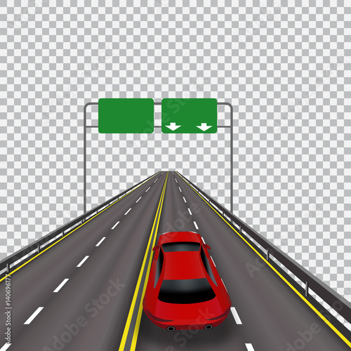 High-speed highway in perspective. Red car. Isolated on cellular background. illustration