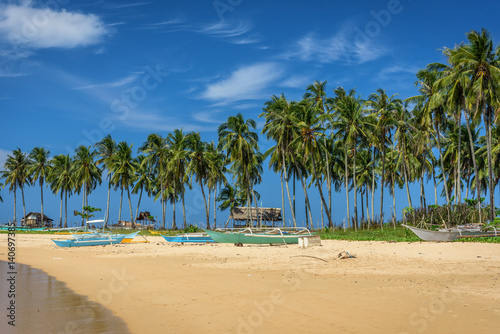 Abandoned boats on a beach of El Nido  Palawan  Philippines with palm trees in background