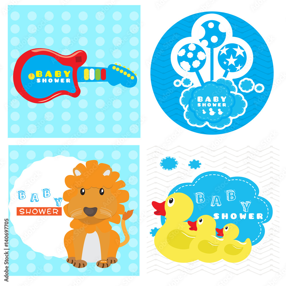 Fototapeta premium Set of baby shower cards, Vector illustration