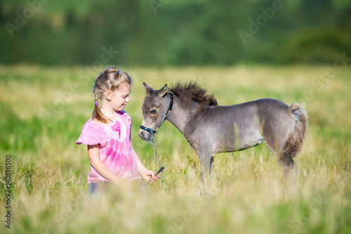 Obraz na plátně Small child with a small miniature horse in field