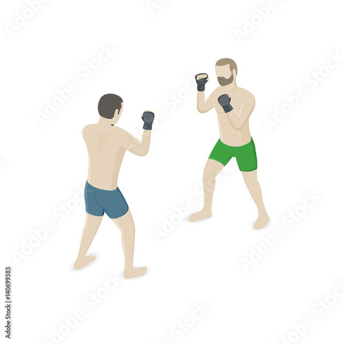 Match two fighters of martial mixed arts isolated on white background. Isometric view. Vector flat illustration.