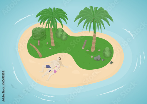 Paradise Island in the form of heart. Romantic vacation on the island in the sea. Happy couple sunbathing on vacation beach lying down on white sand. Isometric Vector Illustration.
