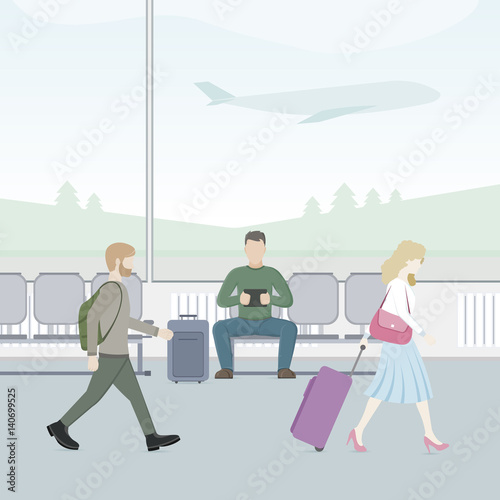 Passengers sitting and walking in airport terminal. Travel concept. Vector flat illustration.