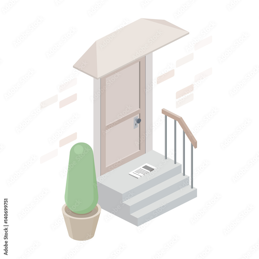 Fototapeta premium Entrance to the house isolated on white background. Mail delivery. Isometric stair, porch and door. Vector flat illustration.