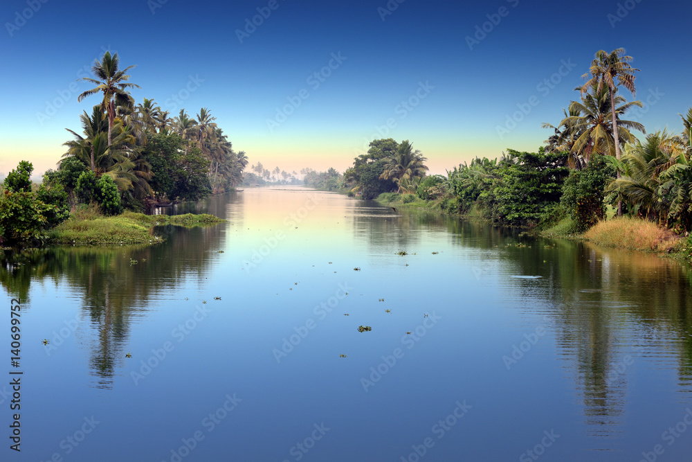 panoramic view with Coconut trees, backwaters landscape of Alleppey, Kerala, India