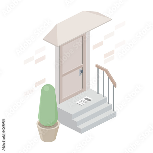 Entrance to the house isolated on white background. Mail delivery. Isometric stair, porch and door. Vector flat illustration.