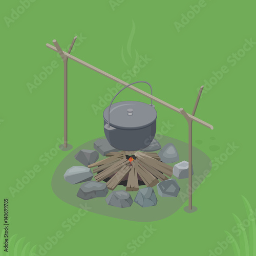 Black pot over a bonfire. Isometric view camping. Vector flat illustration.